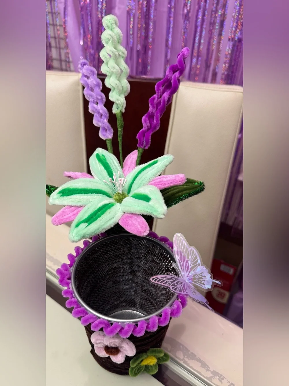 Handcrafted Floral Pencil Cup with Pink & Green Felt Flower